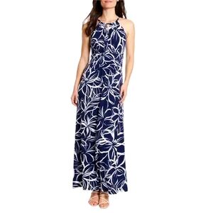 London Times Maxi Dress Navy Blue White Floral Print 14 Stretchy Soft Flowers